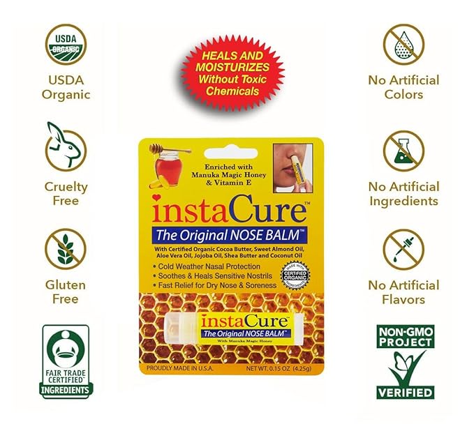 InstaCure Original Nose Balm With Raw Manuka Honey Vitamin E Shea Butter Aloe Vera Oil And Vanilla Mint Ultra-Moisturizing Max Repair/Protective Lip Balm - Fast Relief for Dry Nose & Soreness (3 Pack)-GlimoraGlow