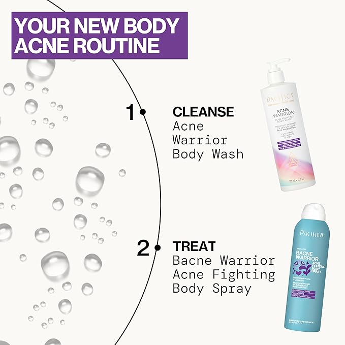 Pacifica Bacne Acne Cleanser Spray - Bacne Warrior - Body Spray for Acne Treatment - w/ 2% Salicylic Acid Niacinamide & Aloe - for Body, Chest & Back Acne for Teens & Adults Vegan Dermatologist Tested-GlimoraGlow