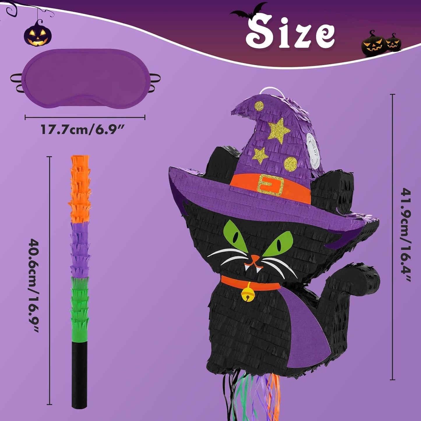 WERNNSAI Halloween Cat Pinata - Halloween Party Decorations Black Cat Pinata Witch Hat for Kids Hallows Eve Birthday Theme Party Games Supplieswith Stick & Blindfold