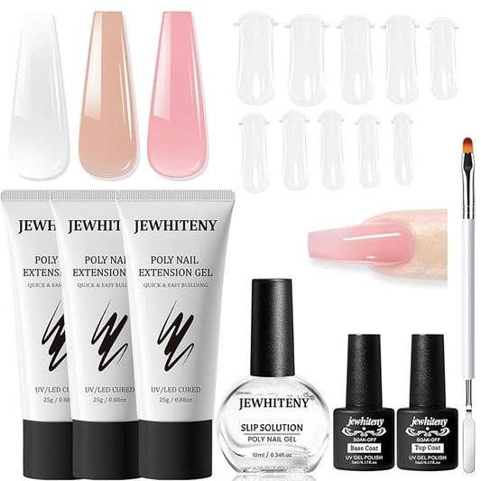 JEWHITENY Poly Extension Gel Nail Set Clear Pink Poly Nail Gel With Slip Solution Base Coat Top Coat French Manicure Need U V Lamp Curing for Finger Art and Home DIY-GlimoraGlow