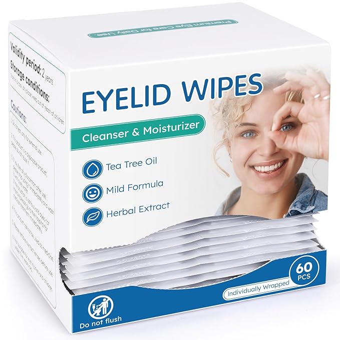 60-Count Eyelid Cleansing Wipes for Dry Eye & Blepharitis, tea tree oil Pre-Moistened Hypoallergenic EyeWipes for Sensitive Itchy Eyes, Individually Wrapped Eyelid Wipes Travel Essentials-GlimoraGlow