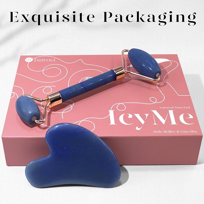BAIMEI Jade Roller & Gua Sha, Face Roller, Facial Beauty Roller Skin Care Tools, Self Care Gift for Men Women, Massager for Face, Eyes, Neck, Relieve Fine Lines and Wrinkles - Blue-GlimoraGlow