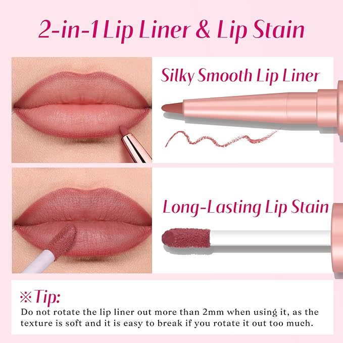 2 PCS Lip Liner and Lip Stain Combo Set, High Pigmented Long Lasting Velvet Lip Tint, Well-Defined Lipliner, Weightless Waterproof Not Animal Tested, Matte Finish Makeup-GlimoraGlow