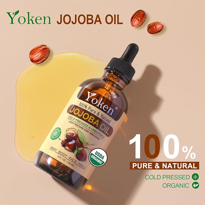 Yoken Jojoba Oil 4 fl oz EWG Verified 100% Pure Jojoba Oil Cold Pressed for Skin, Hair, Nails, Cuticles - Unrefined & Hexane Free, Natural Moisturizer Carrier oils Facial Serum for Gua Sha-GlimoraGlow