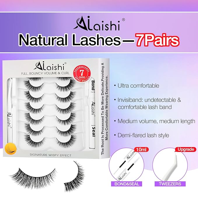 Wispy False Eyelashes Kit With Bond, Seal and Tweezer, 7 Pairs Natural Look Fake Cat Eye Lashes Strips Thin Band Extensions Waterproof Easy Eyelashes for Beginners RQ45-GlimoraGlow