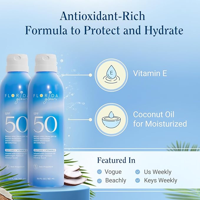 Florida Glow SPF 50 Sunscreen Spray- Hawaii 104 Reef Act & Florida Keys Compliant Broad Spectrum Water Resistant Sport Sun screen - Child Friendly PABA Free & Oxybenzone Free (5.5 Fl Oz 2-pack)-GlimoraGlow
