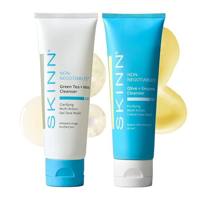 SKINN Day & Night Face Wash for Women & Men - Refreshing Green Tea & Mint Infusion, Nourishing Olive & Enzyme Formula - Complete AM/PM Cleanser Set for Hydrated-GlimoraGlow
