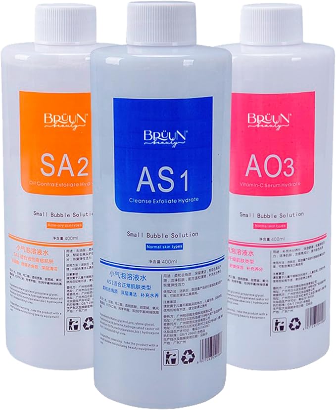 BRÜUN Hydrogen Oxygen Facial Machine Serums for Facial Cleansing – A Pack of 400ml 3 Aqua Peeling Solution AS1, SA2, and AO3 –Skin Care Hydra Solution for Vacuum face Cleaning Jet for Home and Spa-GlimoraGlow