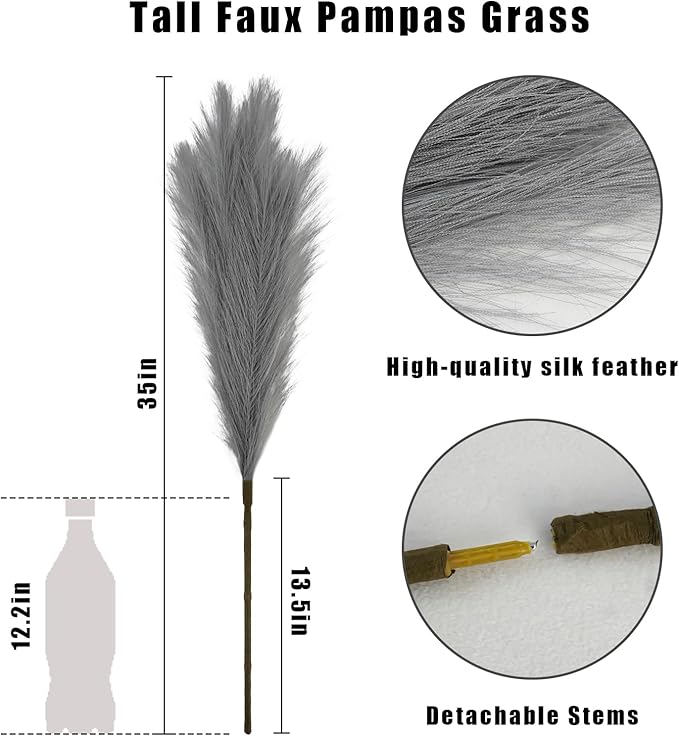 35" Faux Pampas Grass Decor Grey, 8pcs Large Tall Fluffy Artificial Pompous Grass Branches Floral Fake Pompas Grass Bulrush Floor Vase Filler Flower Arrangement for Home Wedding Boho Decor