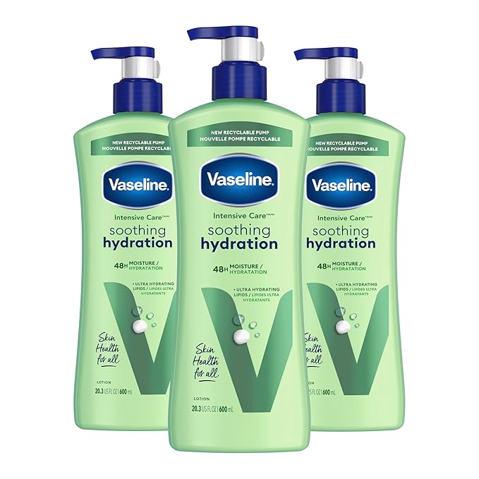 Vaseline Intensive Care Body Lotion for Dry Skin Soothing Hydration Lotion Made with Ultra-Hydrating Lipids + 1% Aloe Vera Extract to Refresh Dehydrated Skin 20.3 oz, Pack of 3 (packaging May Vary)-GlimoraGlow