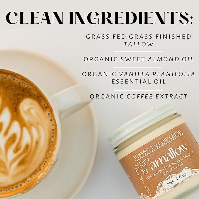 Amallow 100% Grass Fed Beef Tallow for Skin Care - Face + Body - Whipped Moisturizer - Natural Lotion, 4 FL. oz. (Vanilla Latte)-GlimoraGlow