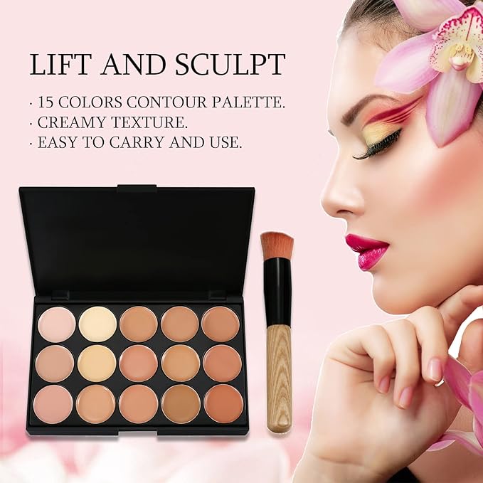 15 Colors Contour Palette Kit: Cream Concealer Palette Face Makeup Foundation Kit Contour Palette with Brush for Professional and Daily Use-GlimoraGlow