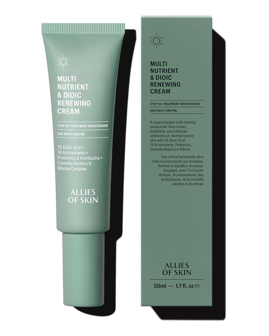Allies of Skin Multi Nutrient & Dioic Renewing Cream: Moisturizer with Dioic Acid, 14 Antioxidants, Probiotics & Centella Asiatica. Targets Imperfections, Brightens & Protects Skin 1.7 oz / 50 ml-GlimoraGlow
