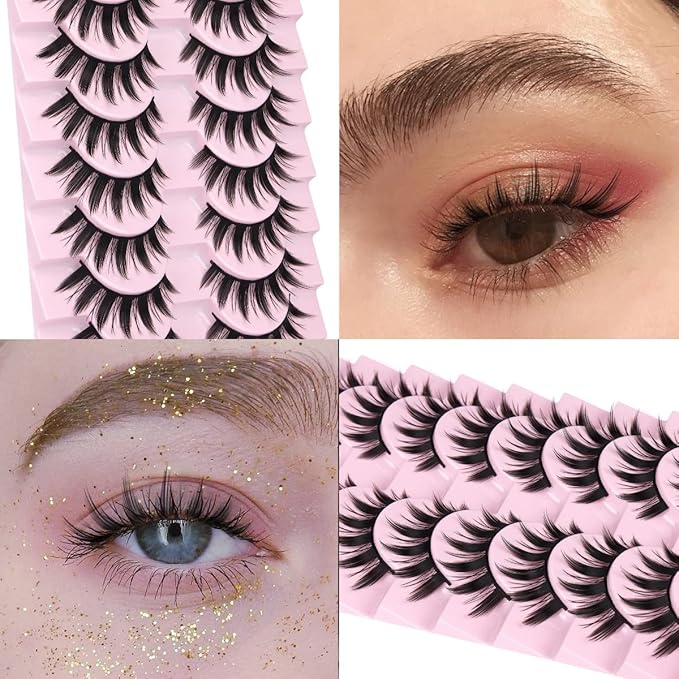 False Eyelashes 10 Pairs Manga Lashes Japanese Style Anime Thick Cosplay Lashes Natural Look 16MM Spiky 8D Wispy Faux Mink Lashes Full Strip Doll Lashes by FANXITON-GlimoraGlow