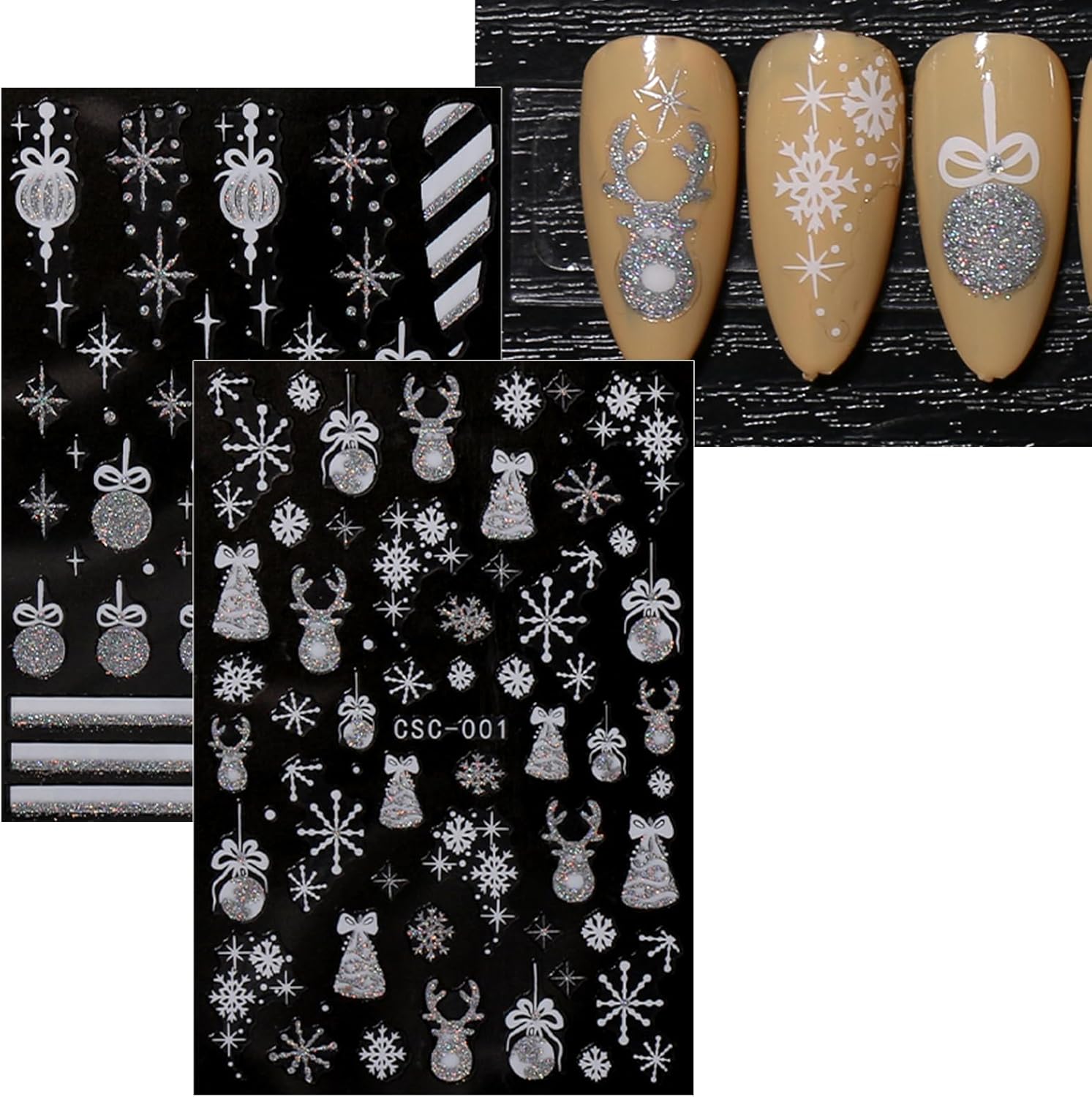JMEOWIO 8 Sheets Christmas Glitter Nail Art Stickers Decals Self-Adhesive Snowflake Winter Holiday Cute Silver White Nail Supplies Nail Art Design Decoration Accessories-GlimoraGlow