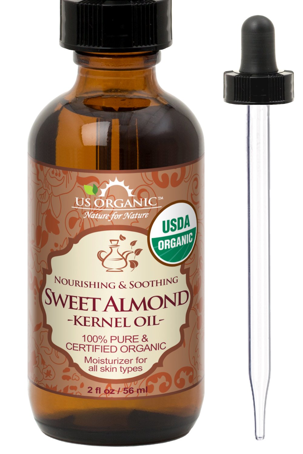 US Organic Sweet Almond Kernel Oil, USDA Certified Organic,100% Pure & Natural, Cold Pressed Virgin, Unrefined in Amber Glass Bottle w/Eyedropper, Sourced from Poland (2 oz (56 ml))-GlimoraGlow