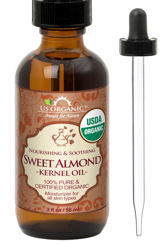 US Organic Sweet Almond Kernel Oil, USDA Certified Organic,100% Pure & Natural, Cold Pressed Virgin, Unrefined in Amber Glass Bottle w/Eyedropper, Sourced from Poland (2 oz (56 ml))-GlimoraGlow
