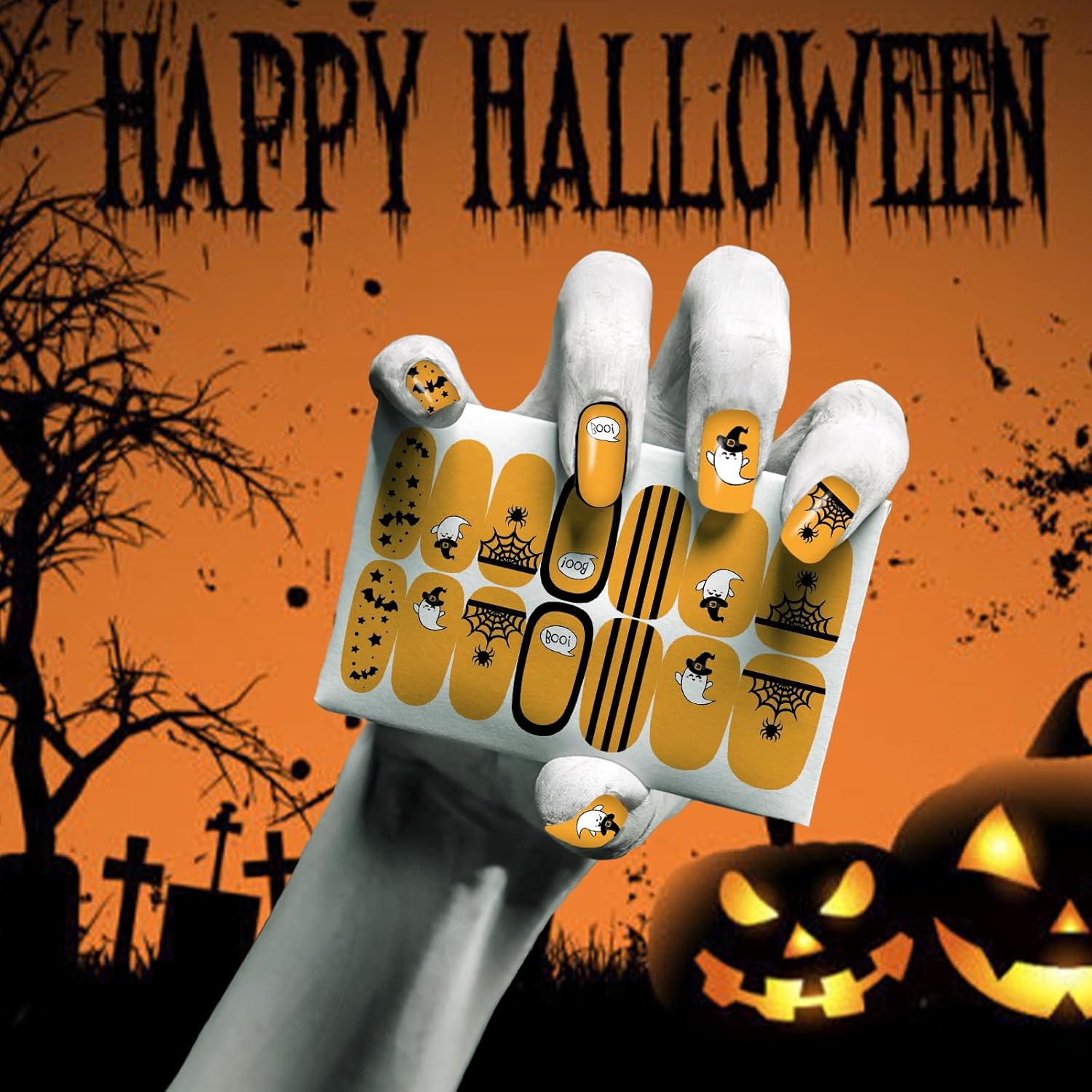 12 Sheets Halloween Nail Wraps Stickers, Nail Polish Strips DIY Self-Adhesive Full Glitter Nail Art Decals Pumpkin Bat Ghost Spider Skull Pattern with 2 Piece Nail Files for Party Decor (168 Pieces)-GlimoraGlow