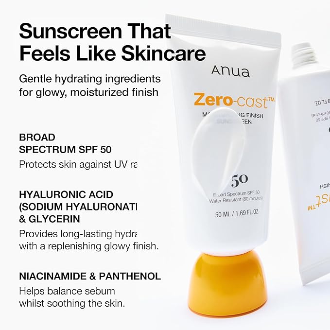 Anua Zero-Cast Moisturizing Finish Sunscreen,SPF 50, Glow Natural Sunscreen,No White cast, Hyaluronic Acid, Niacinamide sun block for face,Oil-Free, Oxybenzone free, Travel Essential (50ml/1.69fl.oz)-GlimoraGlow