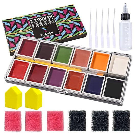 12 Colors Alcohol Activated Makeup Palette Set with Mimic Wound Sponge Makeup Egg for SFX Makeup Halloween Makeup-GlimoraGlow