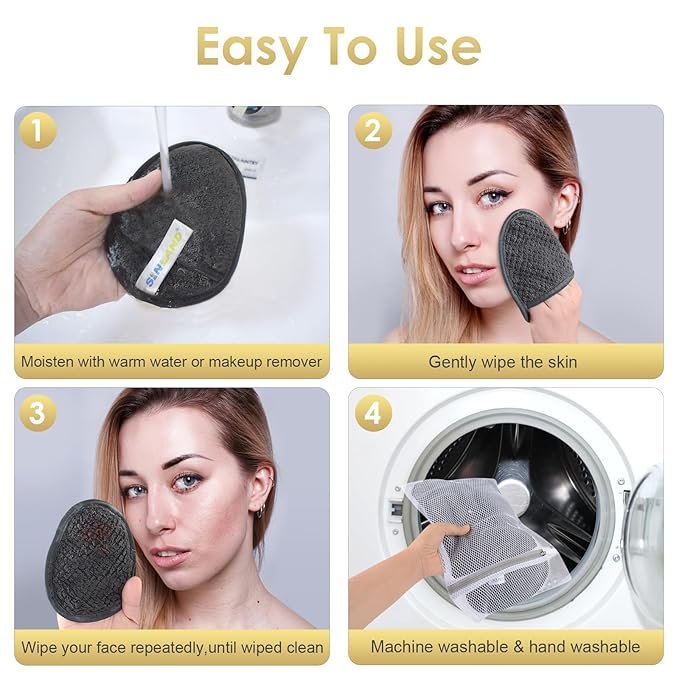 SINLAND Reusable Makeup Remover Pads For Face,Eye,Lips Microfiber Gentle Facial Cleansing Cloths for All Skin Types Friendly for Makeup Remover With Laundry Bag 5.1inchx3.93inch Gray Pack of 6-GlimoraGlow