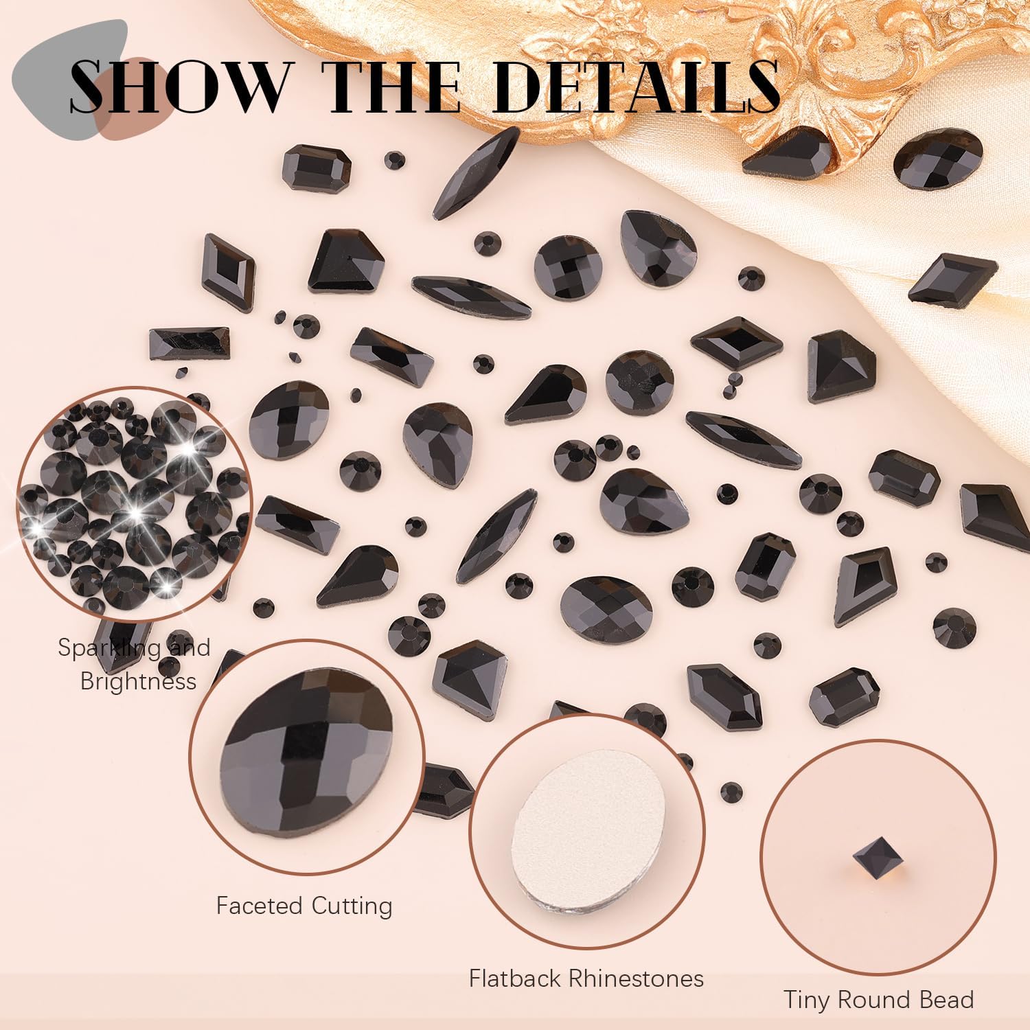 2060Pcs Black Glass Nail Rhinestones 60Pcs Multi Shapes Flatback Nail Gems + 2000Pcs 1.5-4mm Round Crystal, Manicure Nail Charms Diamond Gemstones for Acrylic Nails Decoration-GlimoraGlow