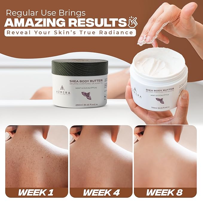 AZMERA Handcrafted Whipped Shea Body Butter – Refreshing Mint & Eucalyptus Scented Moisturizer for Dry, Sensitive Skin, Argan Oil & Vitamin E – Vegan, Non-Greasy Skincare – 8.82 oz-GlimoraGlow