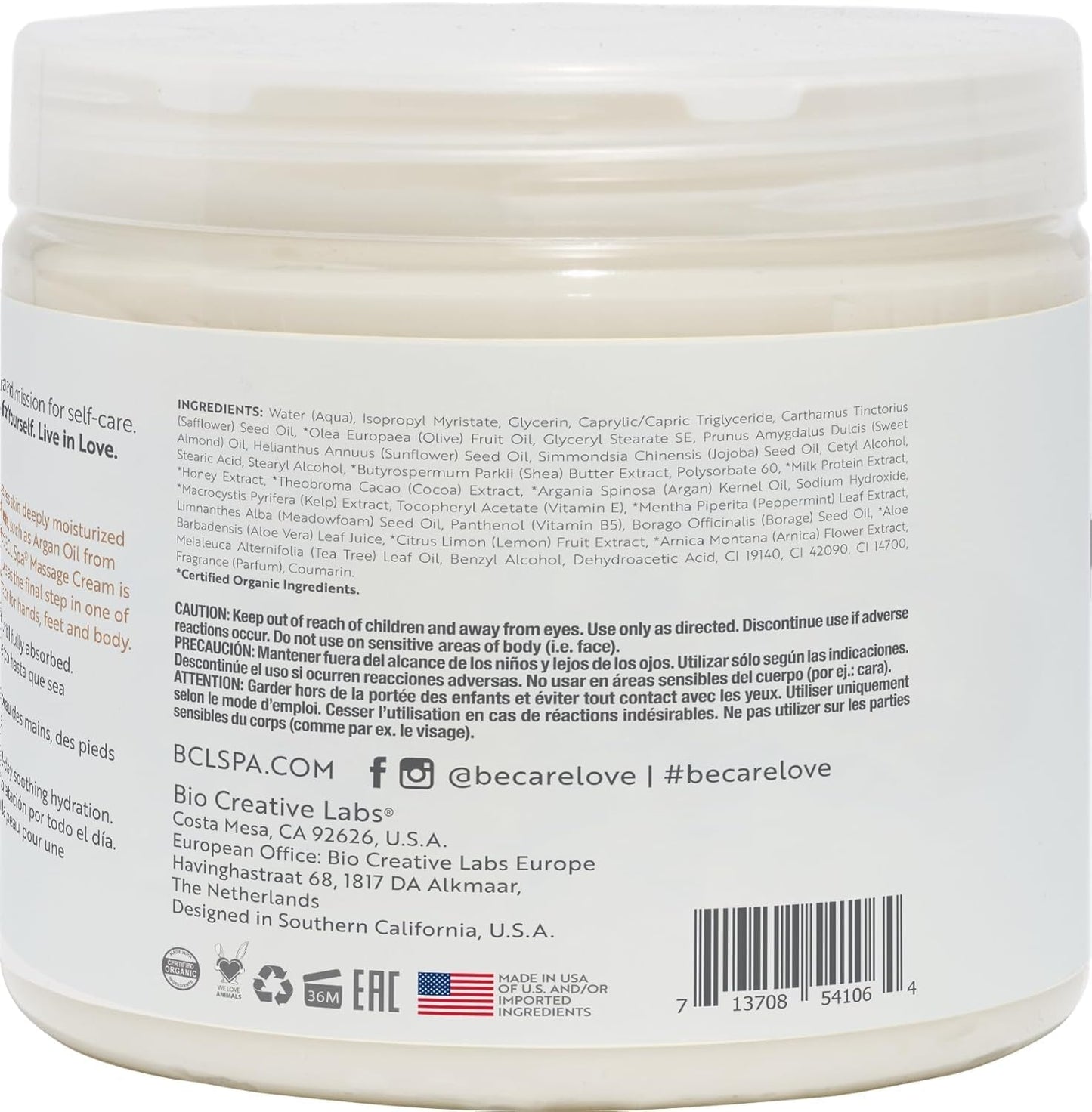 BCL SPA Massage Cream Organic Milk & Honey with White Chocolate Body Lotion, Shea Butter, Aloe Vera, Arnica, Peppermint, Kelp, Tea Tree, Olive, Argan, and Jojoba Oils, Home/Professional Use, 16 fl oz-GlimoraGlow