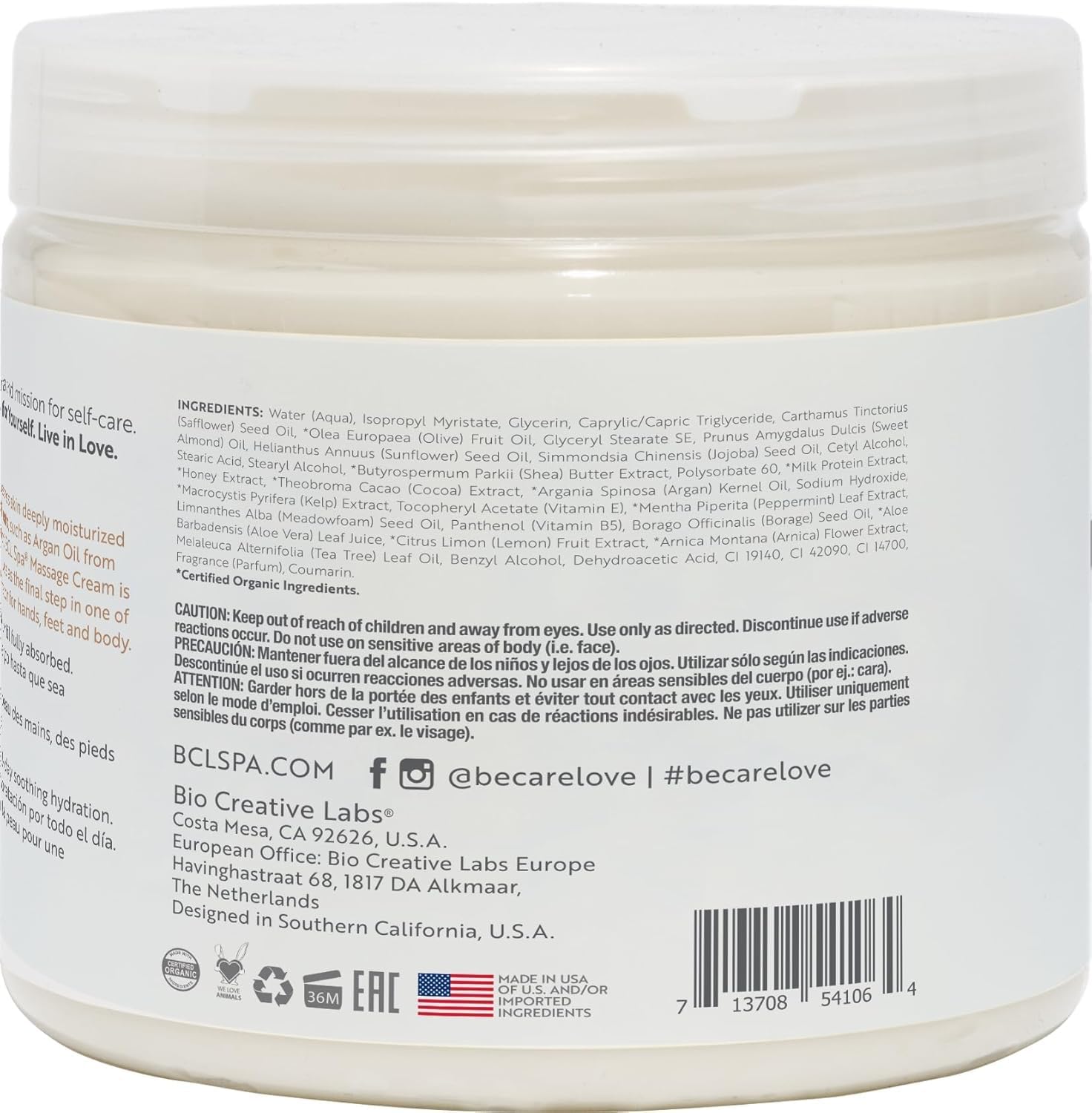 BCL SPA Massage Cream Organic Milk & Honey with White Chocolate Body Lotion, Shea Butter, Aloe Vera, Arnica, Peppermint, Kelp, Tea Tree, Olive, Argan, and Jojoba Oils, Home/Professional Use, 16 fl oz-GlimoraGlow