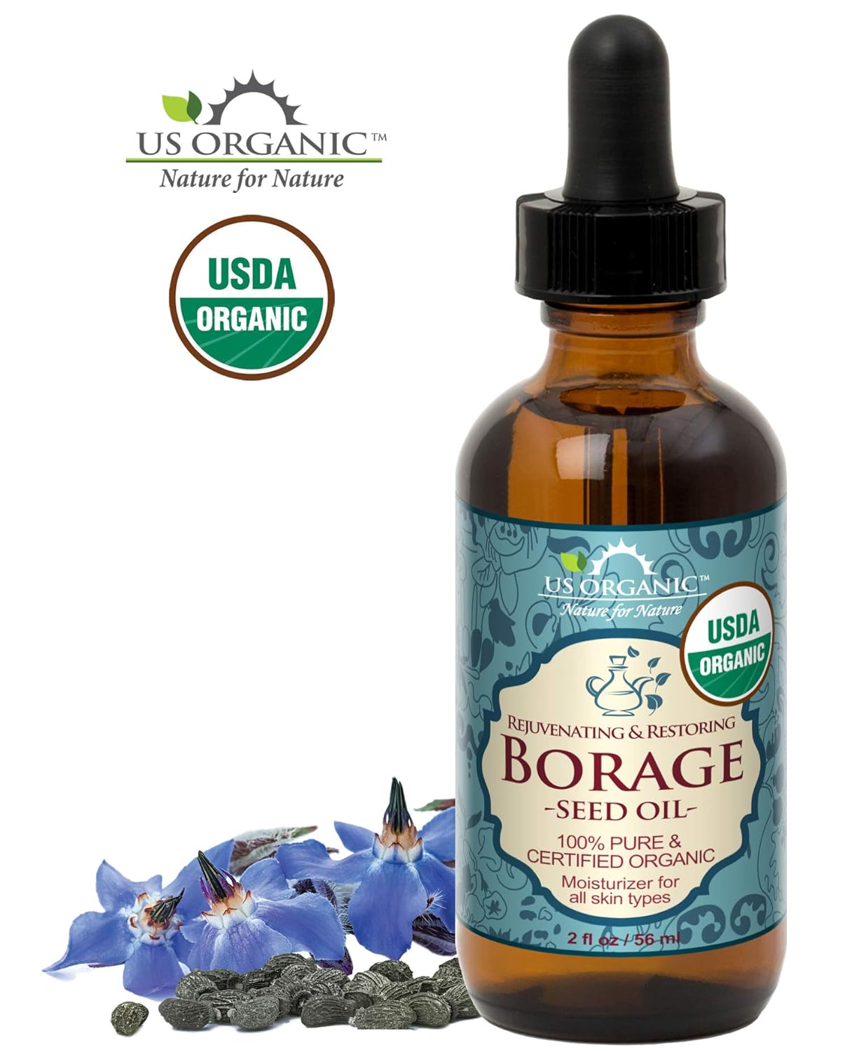 US Organic Borage seed Oil (18% GLA), USDA Certified Organic, 100% Pure & Natural, Cold Pressed, aka Starflower oil, in Amber Glass Bottle w/Eye dropper for Easy Application (2 oz (56 ml))-GlimoraGlow