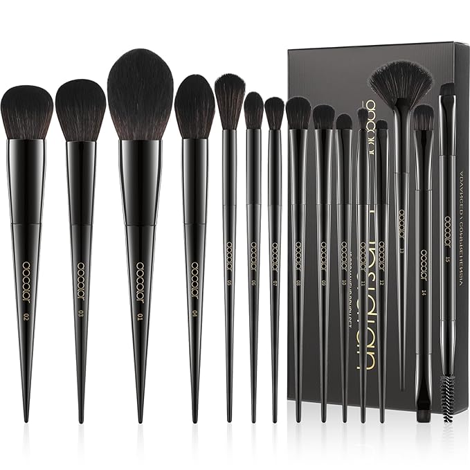 Docolor Makeup Brushes 15Pcs Obsidian Makeup Brush Set Premium Synthetic Powder Kabuki Foundation Contour Blush Concealer Eye Shadow Blending Eyeliner Crease Eyebrow Make Up Brush Kit-GlimoraGlow