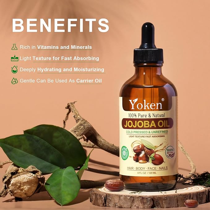 Yoken Jojoba Oil 4 fl oz EWG Verified 100% Pure Jojoba Oil Cold Pressed for Skin, Hair, Nails, Cuticles - Unrefined & Hexane Free, Natural Moisturizer Carrier oils Facial Serum for Gua Sha-GlimoraGlow
