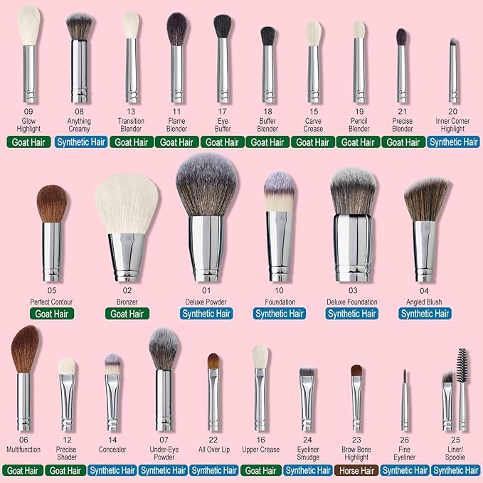 Bueart Design Makeup Brushes Set 26pcs Real Natural Goat Hair Professional labeled Foundation Face Blending Blush Concealers Eyeshadow Brush Set(26Pcs Pearl Pink)-GlimoraGlow