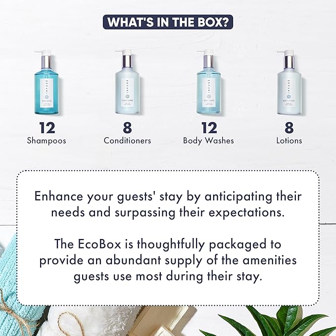 1-Shoppe Infuse 40 Piece Ecobox All-In-Kit | White Tea and Coconut Soap | 12 Shampoo, 8 Conditioner, 12 Body Wash & 8 Lotion | 10oz Hotel Soaps and Toiletries Bulk | Personal Care Products-GlimoraGlow