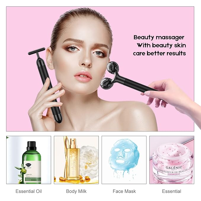 2-IN-1 Beauty Bar Electric Face Massager, 3D Roller and T Shape Arm Eye Nose Head Massager Facial Roller Massager Kit Skin Care Tools-GlimoraGlow