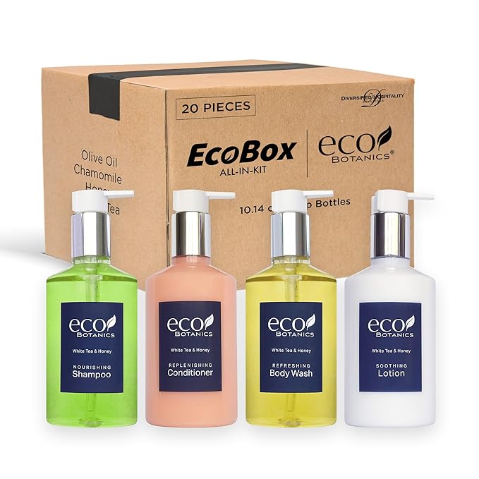 1-Shoppe Eco Botanics 20 Piece Ecobox All-In-Kit | White Tea and Honey Soap | 6 Shampoo, 4 Conditioner, 6 Body Wash & 4 Lotion | 10.14oz Hotel Soaps and Toiletries Bulk | Personal Care Products-GlimoraGlow
