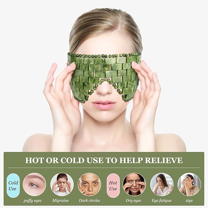 Jade Eye Mask, 2Pcs Large Facial Cooling Mask with 100% Real Jade for Hot & Cold Therapy,Green Jade Facial Eyes Sleeping Mask Relief Eye Cover by LazyGa-GlimoraGlow
