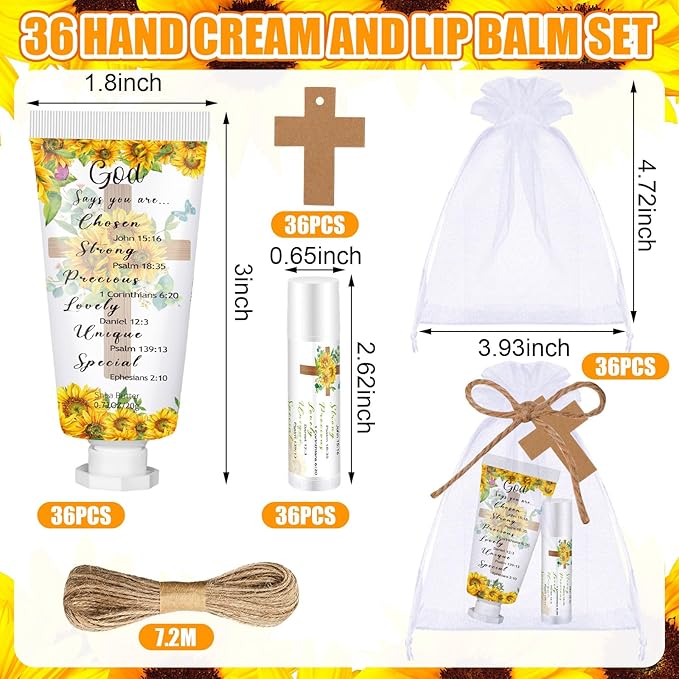 144 Pcs Christian Lip Balm Hand Cream Set Party Favors, Include 36 Bible Lip Balm 36 Moisturizing Hand Cream 36 Bags 36 Cards and Ropes for Accessories Gifts (Biblical, Sunflower)-GlimoraGlow
