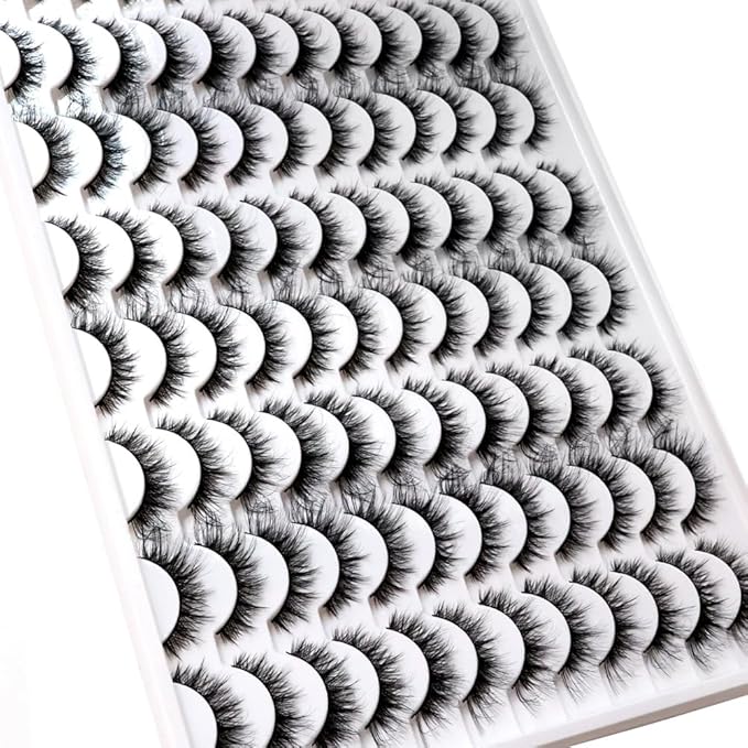 False Eyelashes 48 Pairs Faux Mink Lashes 14mm Wispy Lashes 3D Fluffy Cat Eye Lashes Pack Bulk Wholesale Strip Lashes(style 48-040)-GlimoraGlow