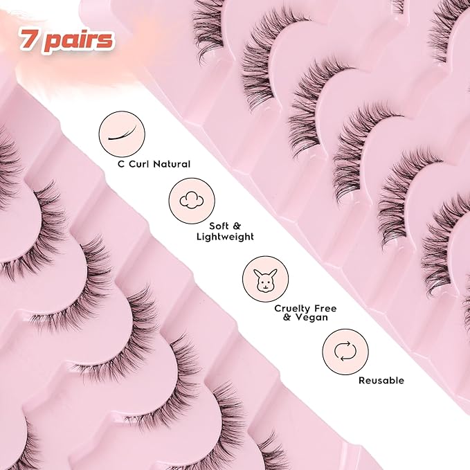 Cat Eyelashes Wispy False Eyelashes Natural 12mm Short Lashes with Thin Band Fake Eyelash 3D Volume Strip Lashes Siligli Eyelash Pack 7 Pair-GlimoraGlow