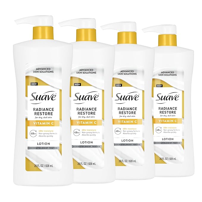 Suave Radiance Restore Hand & Body Lotion For Women With Vitamin C, Brighten & Hydrate Dry, Dull Skin, Non Greasy, Moisturizing Cream Evens Skin Tone, Allergen Free, 28 FL OZ Pump, 4 Pack-GlimoraGlow