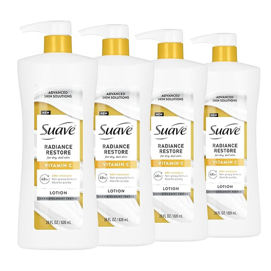 Suave Radiance Restore Hand & Body Lotion For Women With Vitamin C, Brighten & Hydrate Dry, Dull Skin, Non Greasy, Moisturizing Cream Evens Skin Tone, Allergen Free, 28 FL OZ Pump, 4 Pack-GlimoraGlow