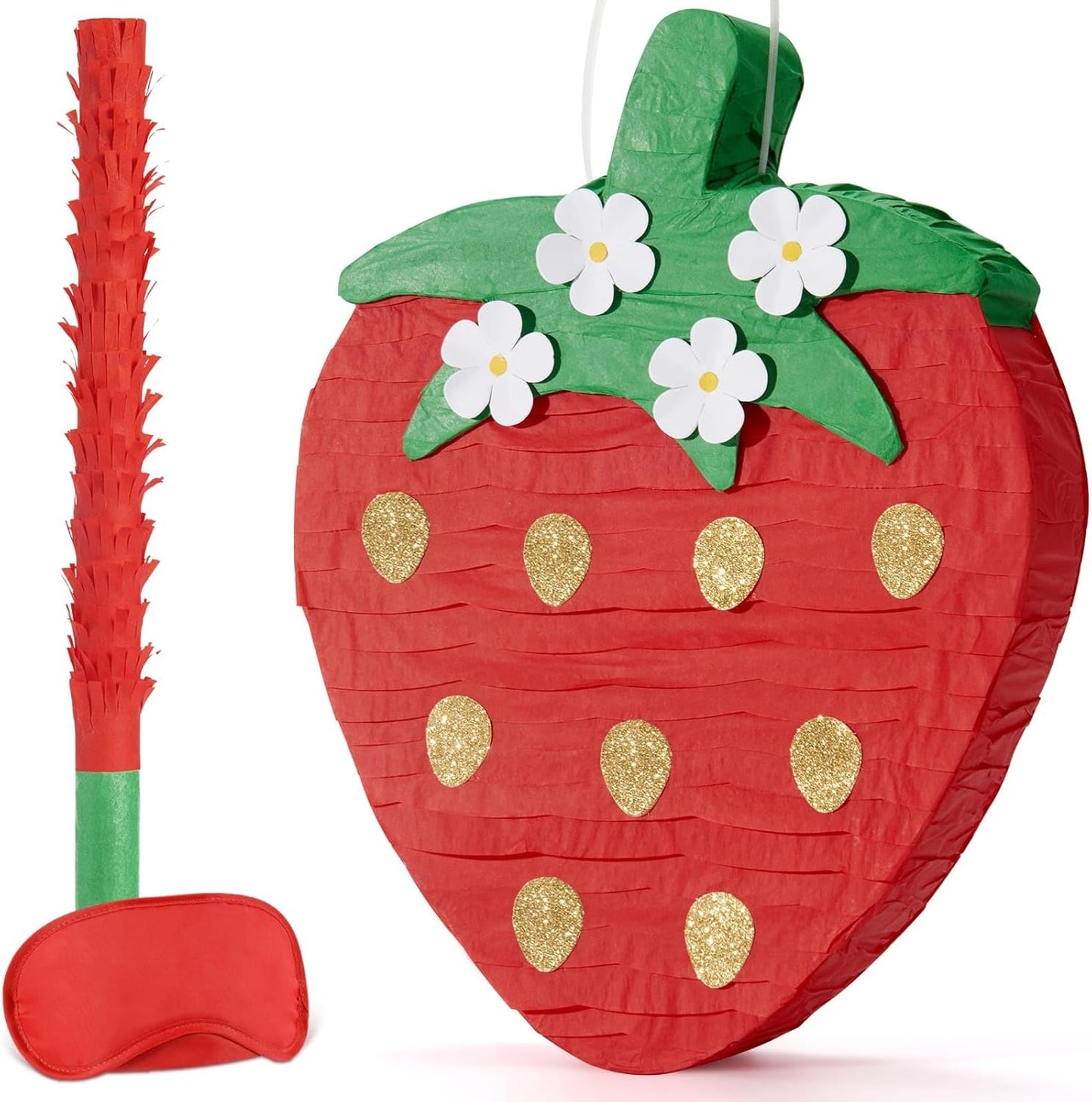 Wernnsai Red Strawberry Piñata For Kids - Strawberry Baby Shower Pinata Strawberry Birthday Party Decorations Summer Fruit Themed Party Game Supplies With Bat Blindfold 16.5" × 11.6" ×3"
