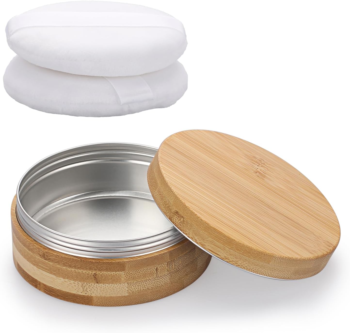ELLDOO Body Powder Puff and Container, 10oz Empty Bamboo Case with Aluminum Inner Jar, Travel Loose Dusting Powder Storage Box with 2pcs Powder Puffs for Baby Women-GlimoraGlow