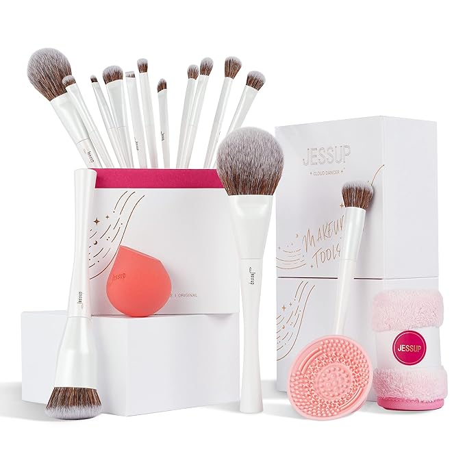 Jessup Makeup Brushes Set 14pcs Highend Makeup Gift Set for Women Include Foundation Concealer Blush Contour Powder Eye Shadow Brush, Makeup Sponge, Makeup Brush Cleaner and Towel, Pearl White T333-GlimoraGlow