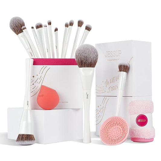 Jessup Makeup Brushes Set 14pcs Highend Makeup Gift Set for Women Include Foundation Concealer Blush Contour Powder Eye Shadow Brush, Makeup Sponge, Makeup Brush Cleaner and Towel, Pearl White T333-GlimoraGlow