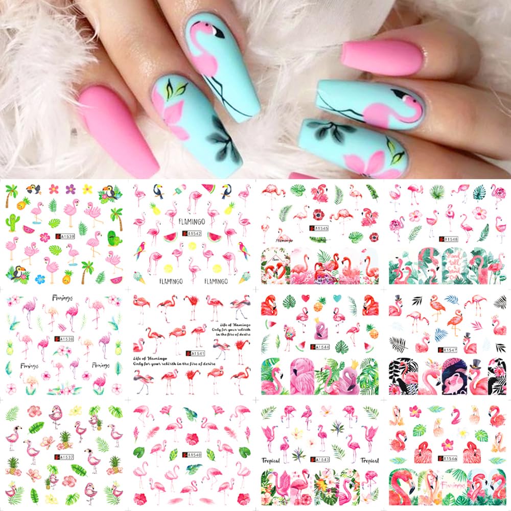 12 Sheet Flamingo Nail Art Stickers Cute Flamingo Green Leaf Design Water Transfer Nail Decals Summer Nail Art Decorations Waterproof Acrylic Nail Stickers for Women DIY Manicure Tips-GlimoraGlow