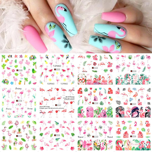 12 Sheet Flamingo Nail Art Stickers Cute Flamingo Green Leaf Design Water Transfer Nail Decals Summer Nail Art Decorations Waterproof Acrylic Nail Stickers for Women DIY Manicure Tips-GlimoraGlow