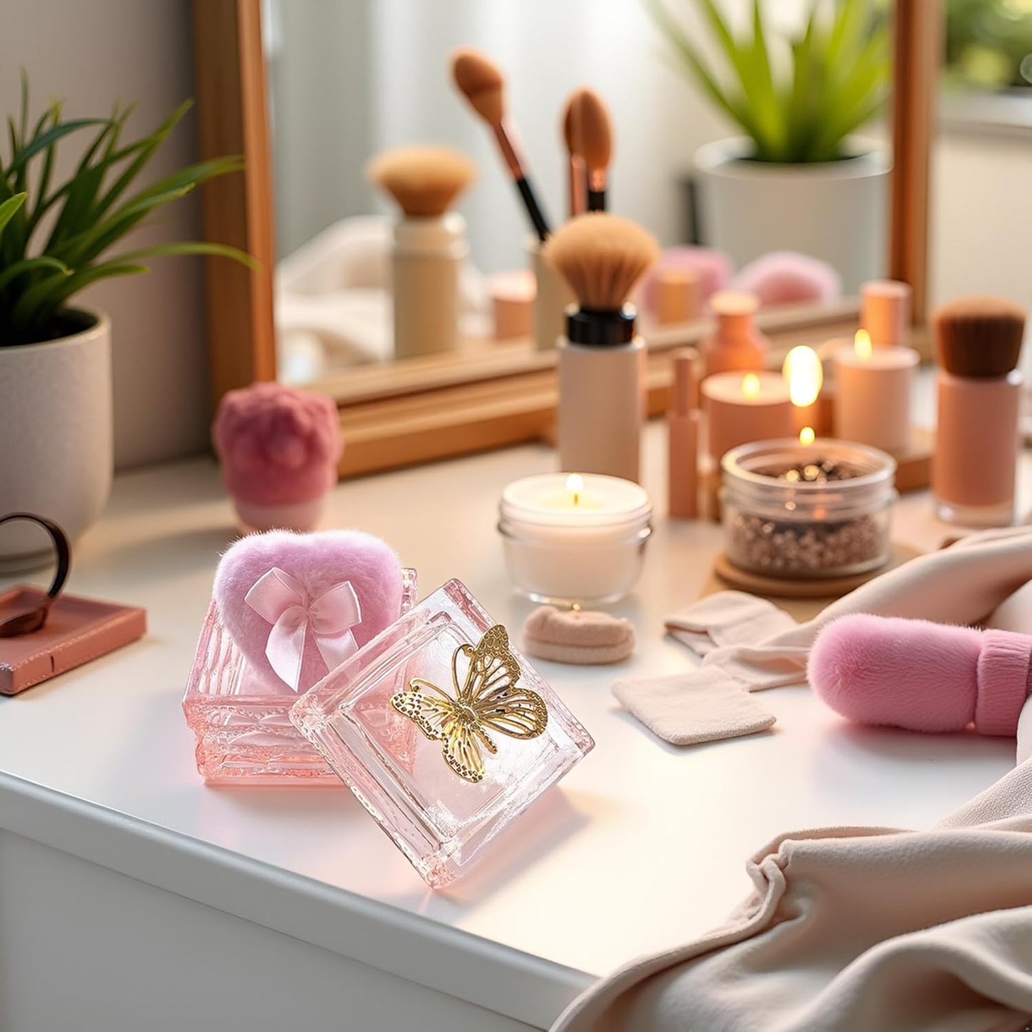 Body Powder Puff and Container - Glass Dusting Powder Container with Soft Puffs Vintage Powder Puff Case for Women & Girls (3.23x3.23x2.95 H IN) - GRB016-Pink-GlimoraGlow