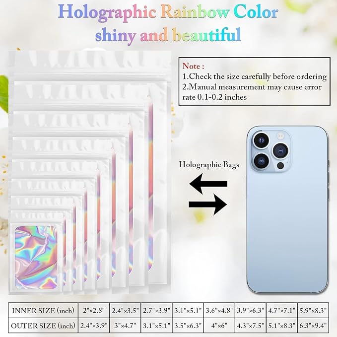 100 Pack Holographic Bags, Smell Proof Packaging Bags, Clear Window Resealable Odor Foil Pouch Mylar Bag for Food Storage and Lipgloss, Jewelry Lash (White, 3 x 4.7 Inch)-GlimoraGlow